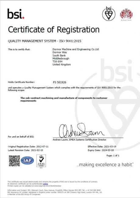 Quality Testing Dormor Machine Engineering   2021 2024 ISO Cert FS 581926 Thumbnail 